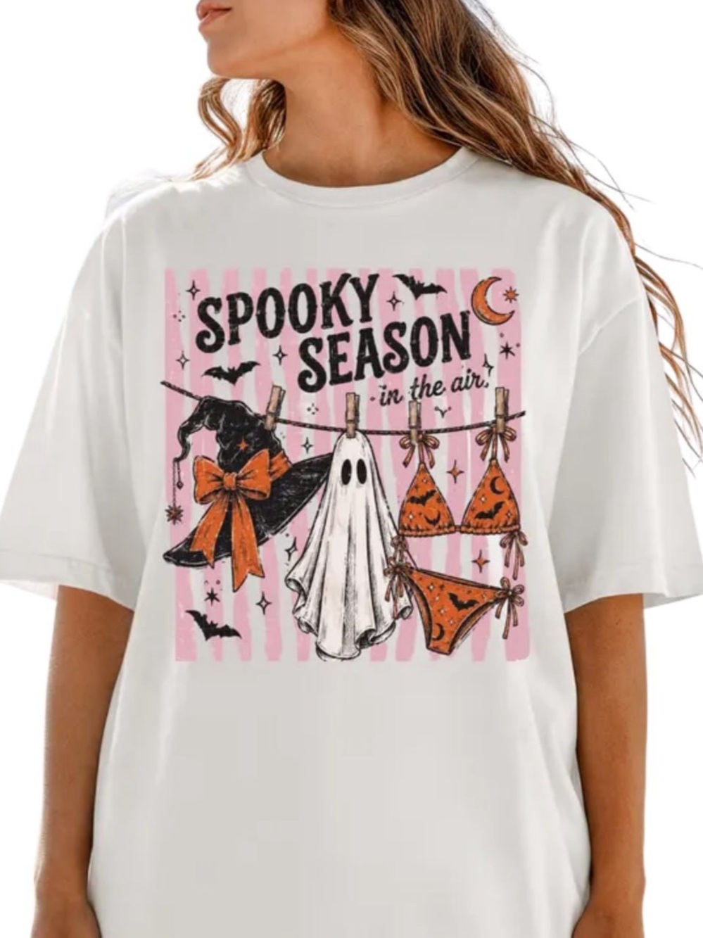 Gildan White Short Sleeve Tee with Pink & Orange Spooky Season Graphic